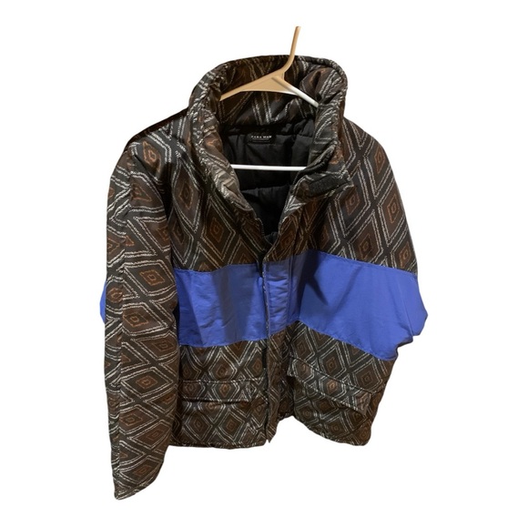 Zara Man Soft Print Winter Coat Jacket Men's size L Blue/Black - Picture 2 of 7